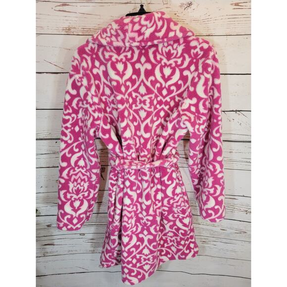 PINK K Sleep wear Robe Pink Damask Print Plush Chunky Women's Sz Small - Picture 2 of 11